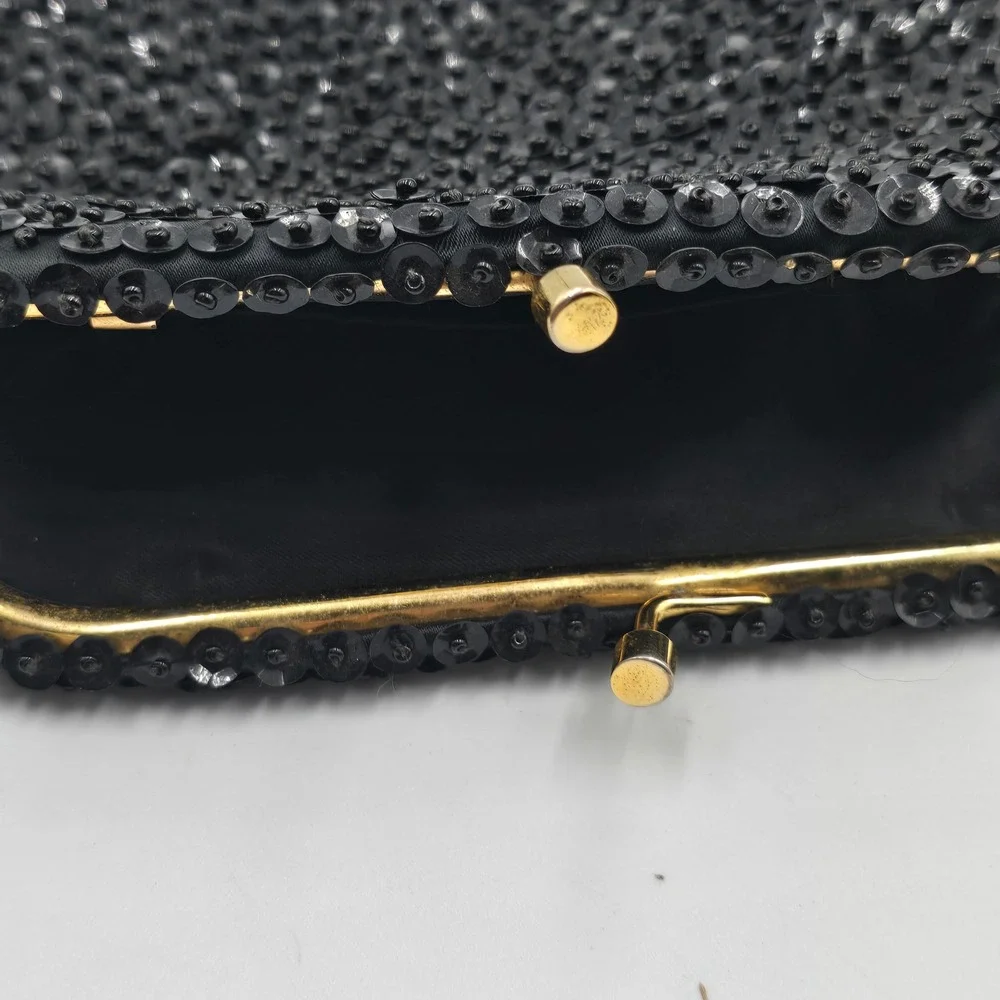 By Simon Ernest Blum Vintage Evening Clutch Purse Black Beaded Sequin Kiss Lock